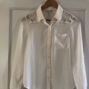 Lacy, light, long sleeve button down blouse